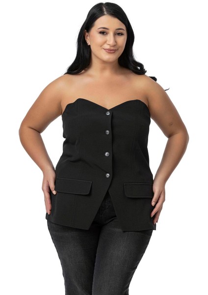 Büyük Beden Süs Cep Kapaklı Sırtı Lastikli Düğmeli Siyah Büstiyer