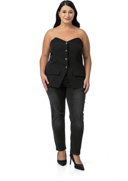 Büyük Beden Süs Cep Kapaklı Sırtı Lastikli Düğmeli Siyah Büstiyer fiyatları