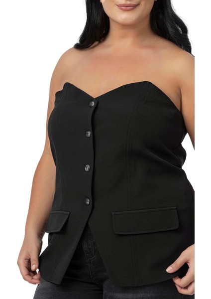 Büyük Beden Süs Cep Kapaklı Sırtı Lastikli Düğmeli Siyah Büstiyer fırsatları