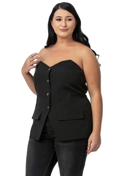 Büyük Beden Süs Cep Kapaklı Sırtı Lastikli Düğmeli Siyah Büstiyer indirimleri