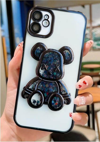 Apple iPhone 11 Uyumlu 3D Sevimli Ayıcık Hareketli Sulu Yıldızlar Temalı Lens Korumalı Lazer Kılıf