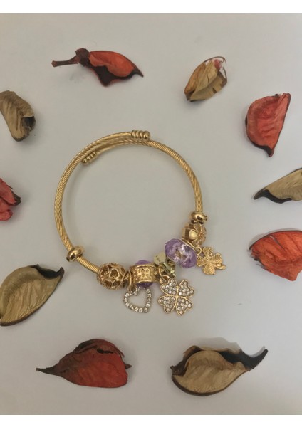 Kadın Çelik Yonca Charmlı Altın Gold Renk Bileklik modelleri