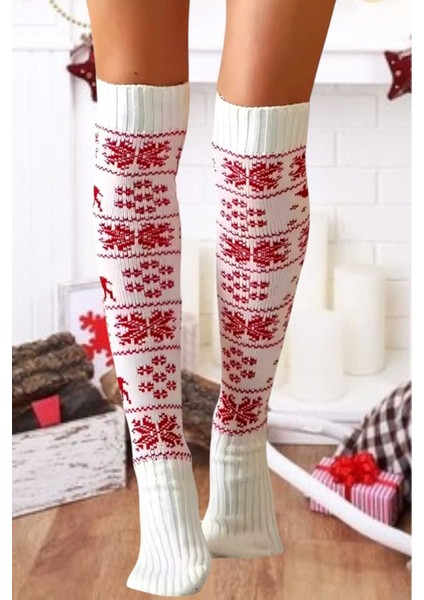 Kadın Yeni Yıl Temalı Kar Tanesi Desenli Diz Üstü Çorap indirimleri