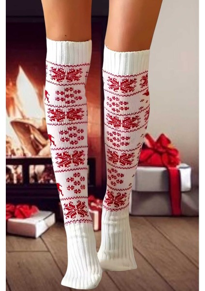 Kadın 2 Renkli Yeni Yıl Temalı Kar Tanesi Desenli Diz Üstü Çorap indirimleri