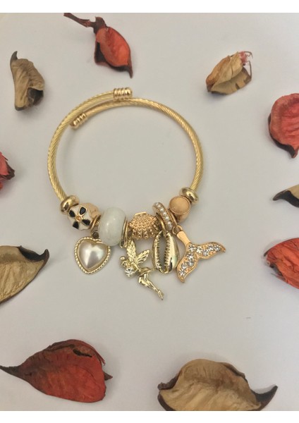 Kadın Çelik Melek Inci Balık Kuyruğu Charmlı Altın Gold Renk Bileklik modelleri