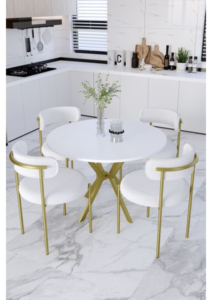 Mina Masa Sandalye Takım 90 cm Masa Mat Gold 4 Sandalye Teddy Sandalye Bukle - Teddy Kumaş