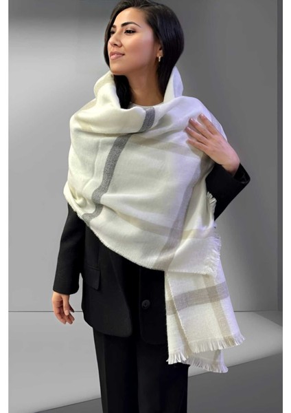 Kadın Yumuşak Dokulu Ekru- Gri Çizgili Omuz Şalı Atkı ( 70CM x 180CM ) modelleri