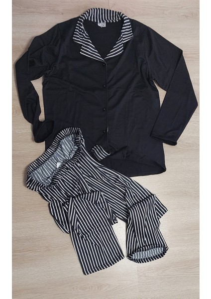 Gacir Mihra Sandy Siyah Renk Düğmeli Uzun Kol Pijama Takımı modelleri