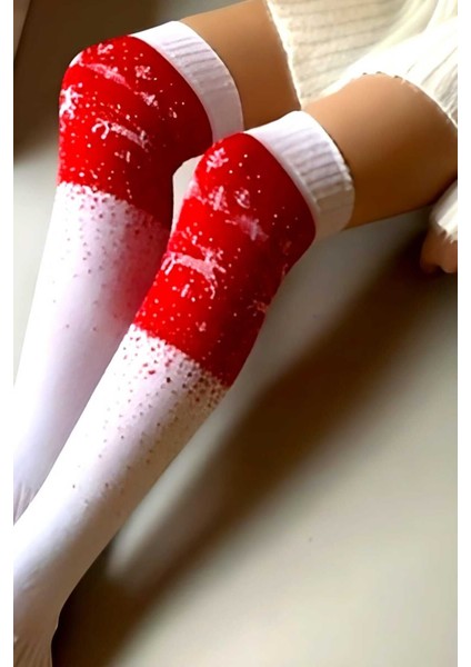 Kadın Yeni Yıl Temalı Geyik Desenli Diz Üstü Çorap