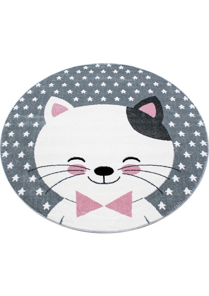 Yuvarlak Soft Yumuşak Çocuk Odası Halısı Neşeli Kedi ve Yıldız Desenli Gri Beyaz Pembe