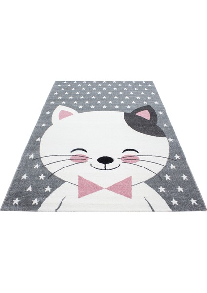 Yuvarlak Soft Yumuşak Çocuk Odası Halısı Neşeli Kedi ve Yıldız Desenli Gri Beyaz Pembe fiyatları