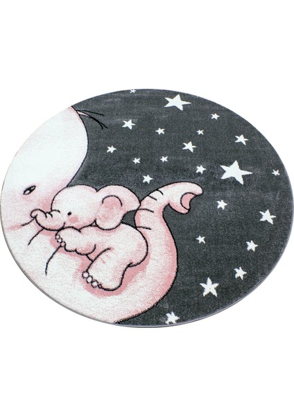 Yuvarlak Soft Yumuşak Çocuk Odası Halısı Sevimli Yumurcak Fil ve Yıldız Desenli Gri Beyaz Pembe