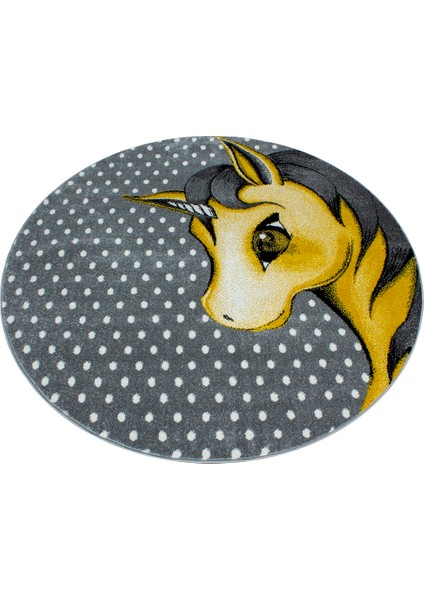 Yuvarlak Soft Çocuk Odası Halısı Sevimli Unicorn Peri Atı Desenli Gri Beyaz Sarı