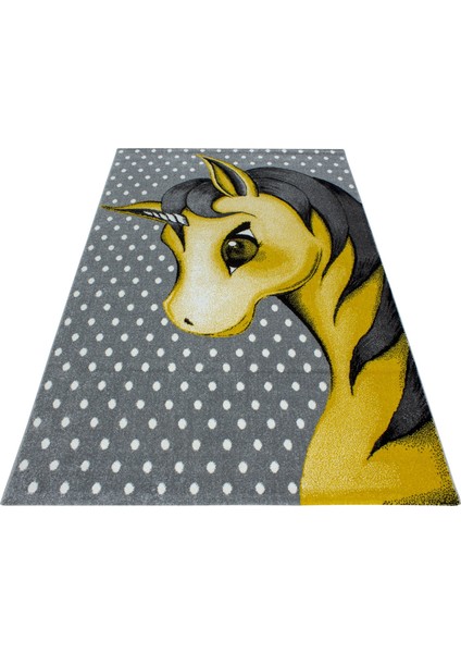 Yuvarlak Soft Çocuk Odası Halısı Sevimli Unicorn Peri Atı Desenli Gri Beyaz Sarı fiyatları
