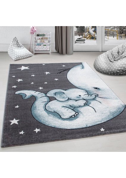 Soft Yumuşak Çocuk Odası Halısı Sevimli Yumurcak Fil ve Yıldız Desenli Gri Mavi Beyaz