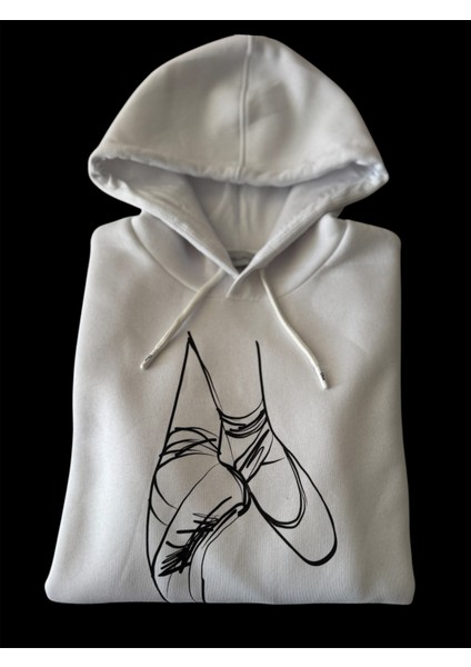 Bale Dans Balerin Dansçı Dance Tasarım Baskılı 3 Iplik Geniş Kalıp Beyaz Kapüşonlu Sweatshirt
