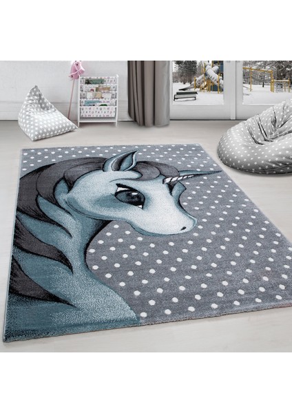 Soft Yumuşak Çocuk Odası Halısı Sevimli Unicorn Peri Atı Desenli Gri Mavi Beyaz