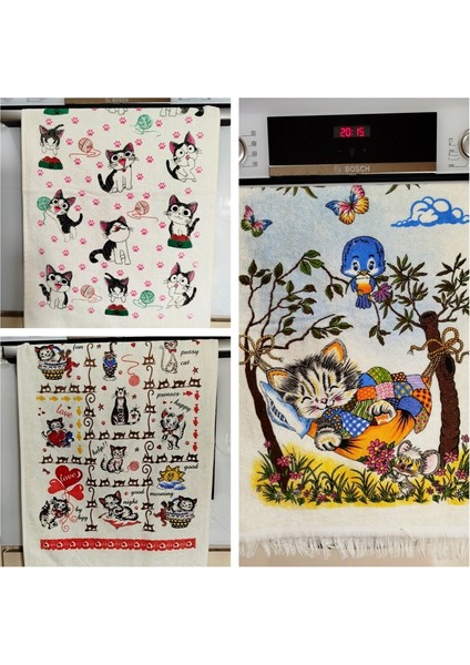 Kedi Baskılı 3 Adet Havlu 40 x 60 cm Mutfak Havlusu | Kurulama Bezi