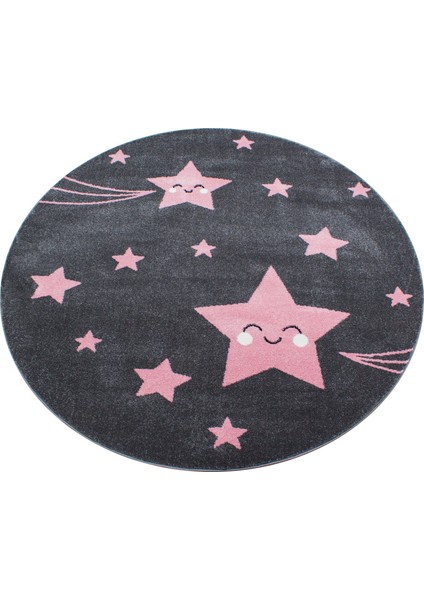 Yuvarlak Soft Yumuşak Çocuk Odası Halısı Kuyruklu Yıldız Desenli Gri Beyaz Pembe