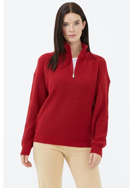 Yarım Balıkçı Yaka Fermuarlı Yün Triko Kazak - Kırmızı