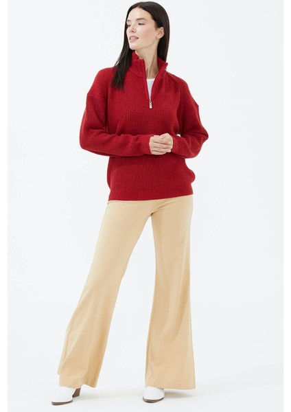Yarım Balıkçı Yaka Fermuarlı Yün Triko Kazak - Kırmızı fiyatları