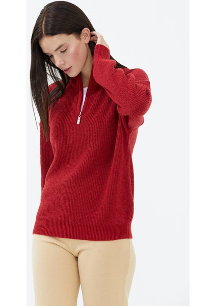 Yarım Balıkçı Yaka Fermuarlı Yün Triko Kazak - Kırmızı modelleri