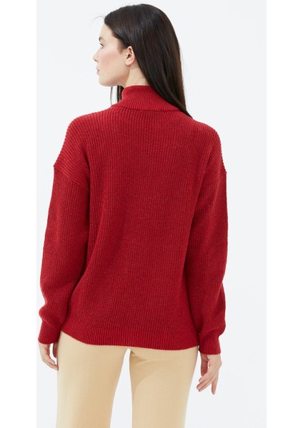 Yarım Balıkçı Yaka Fermuarlı Yün Triko Kazak - Kırmızı fırsatları