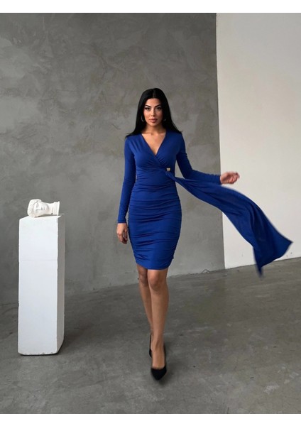 Kadın Saks Mavi V Yaka Toka ve Büzgü Detaylı Elbise HZL25W-FRY122611