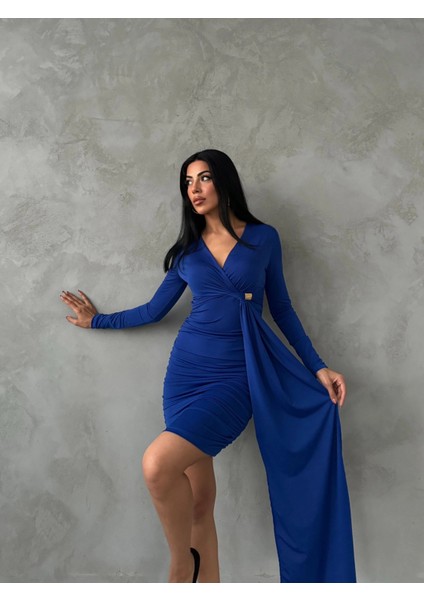 Kadın Saks Mavi V Yaka Toka ve Büzgü Detaylı Elbise HZL25W-FRY122611 fırsatları