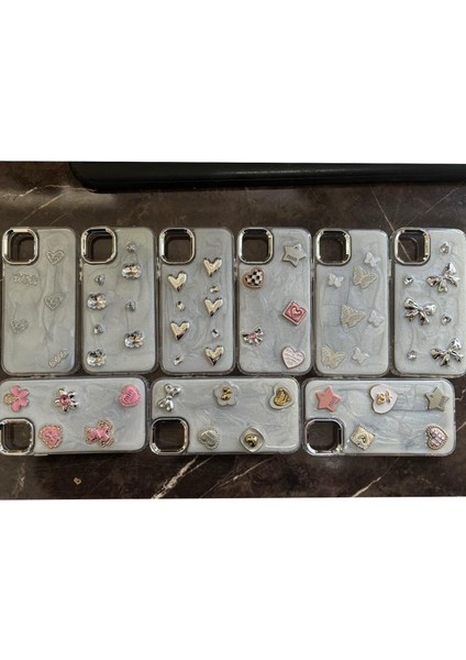 Apple iPhone 13 & iPhone 14 Uyumlu 3D Swarovski Taşlı Kurdele Kelebek Kalp Motifli Sert Kapak