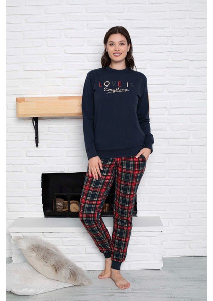 Kadın Bisiklet Yaka Bilek Manşet/lastikli 2 Iplik Cepli Kışlık Jogger Eşofman Pijama Takımı Homewear