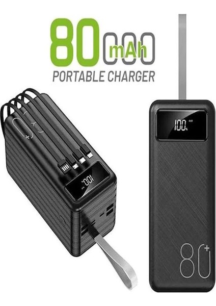 80.000MAH 22.5W Hızlı Şarj, LCD Gösterge, Dahili Lightning, Type-C ve Micro Kablolu 7 Portlu USB Hub Powerbank