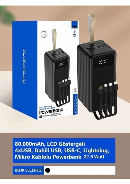 80.000MAH 22.5W Hızlı Şarj, LCD Gösterge, Dahili Lightning, Type-C ve Micro Kablolu 7 Portlu USB Hub Powerbank