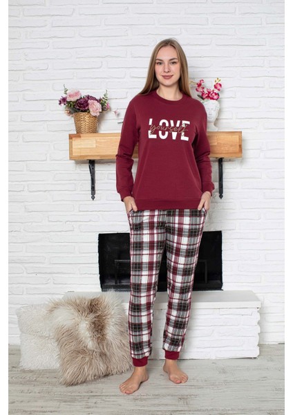 Kadın Bisiklet Yaka Bilek Manşet/lastikli 2 Iplik Cepli Kışlık Jogger Eşofman Pijama Takımı Homewear