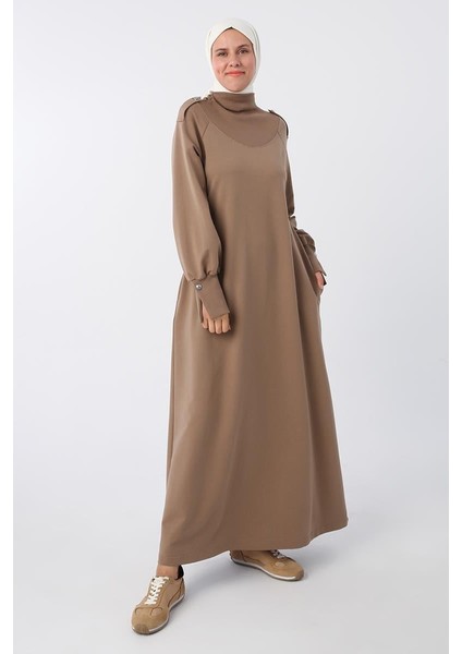 Vizon-Pamuklu Kolları Düğmeli Apoletli Elbise