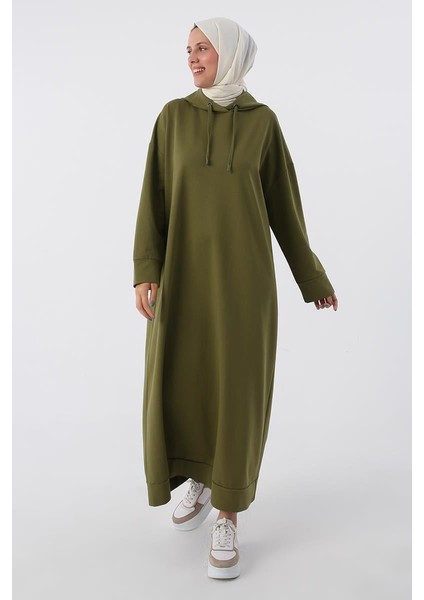 Haki-Büyük Beden Kapüşonlu Basic Örme Elbise