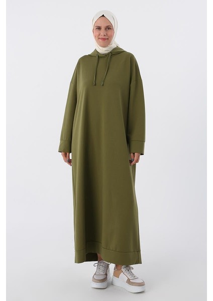 Haki-Büyük Beden Kapüşonlu Basic Örme Elbise fiyatları