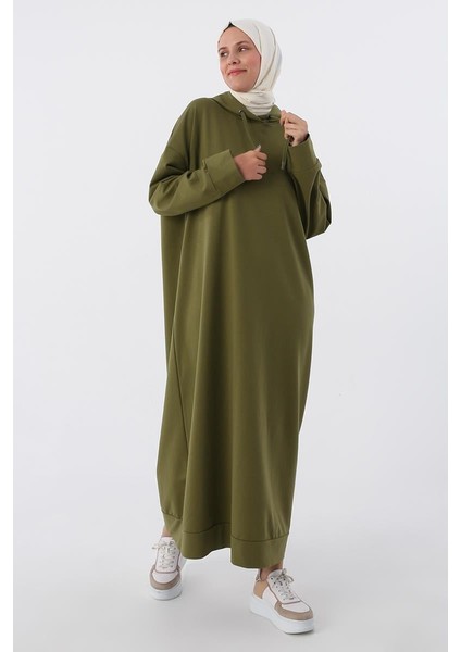 Haki-Büyük Beden Kapüşonlu Basic Örme Elbise modelleri