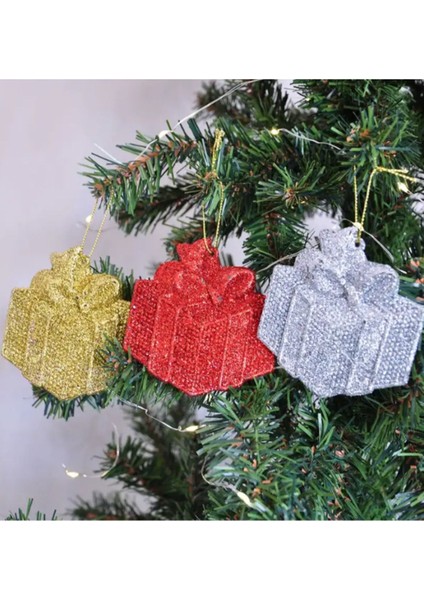 Yılbaşı Ağacı, Simli Hediye Kutusu Yılbaşı Ağaç Süsü 3 Adet