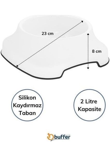 Buffer® Silikon Kaydırmaz Taban Plastik Kedi ve Köpek Mama ve Su Kabı 2 L