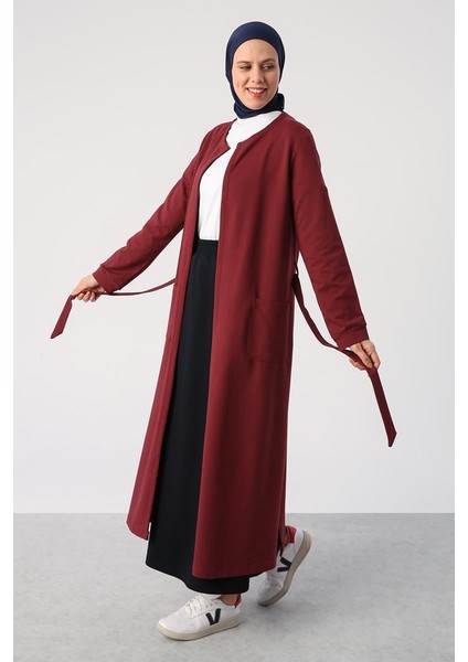 Bordo-Kuşaklı Cepli Bisiklet Yaka Uzun Hırka modelleri