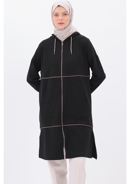 Siyah-Saten Ara Biyeli Sweat Hırka