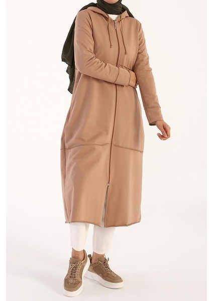 Bisküvi-Kapüşonlu Fermuarlı Hırka