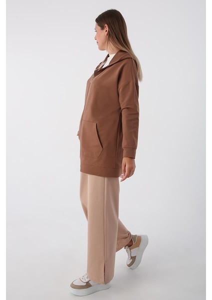 Kahve-Fermuarlı Sweat Hırka