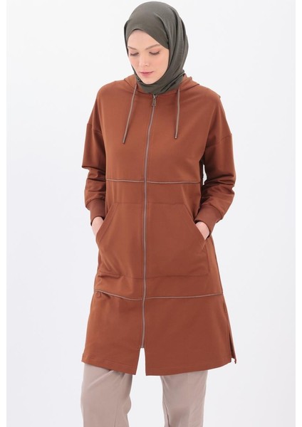 Kahve-Saten Ara Biyeli Sweat Hırka