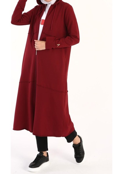 Bordo-Kapüşonlu Fermuarlı Hırka