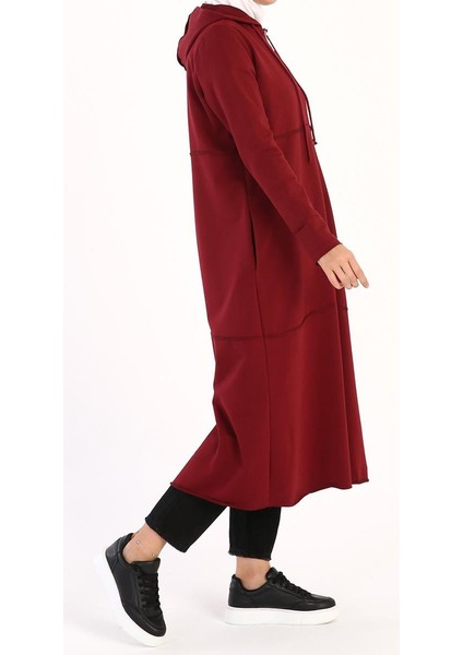 Bordo-Kapüşonlu Fermuarlı Hırka