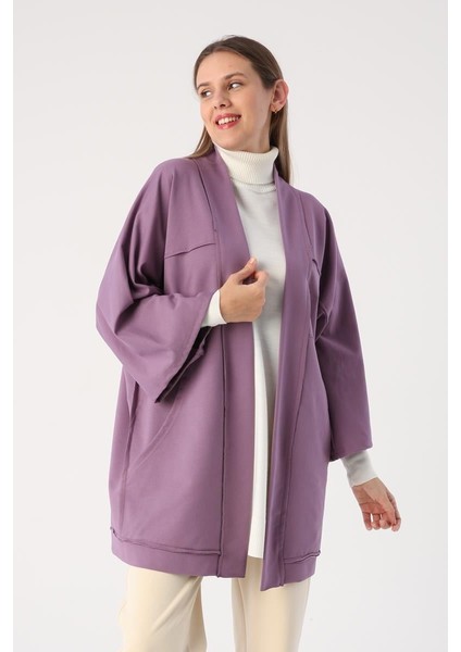 Koyu Lila-Yarasa Kollu Oversize Hırka