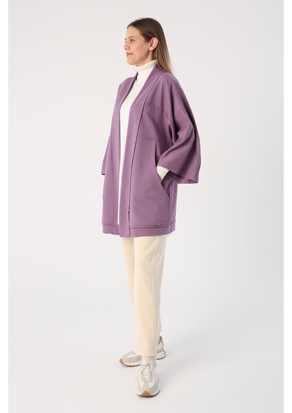 Koyu Lila-Yarasa Kollu Oversize Hırka