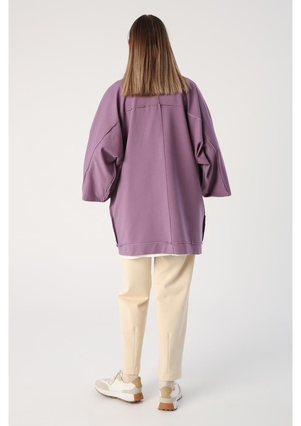 Koyu Lila-Yarasa Kollu Oversize Hırka